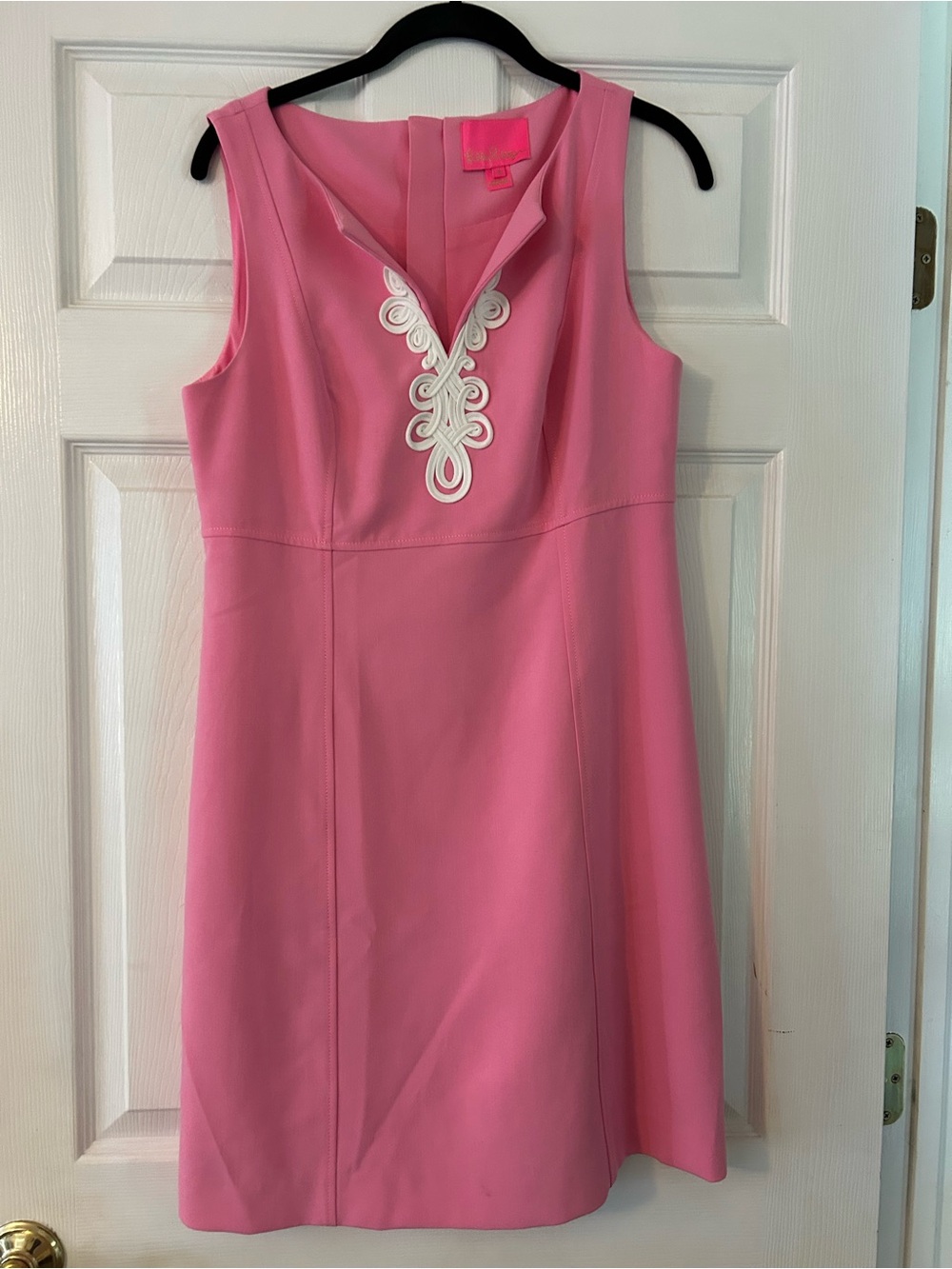 Lilly Pulitzer Sleeveless Pink Shift Dress with White Embellished V-Neck